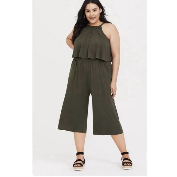TORRID WOMENS Olive Green Jersey Flounce Culotte Jumpsuit SIZE 2 - Picture 1 of 15